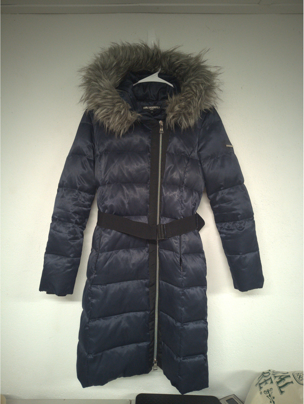 Karl Lagerfeld Paris Tuxedo Down Puffer Coat Womens XS Faux Fur Hood Belted